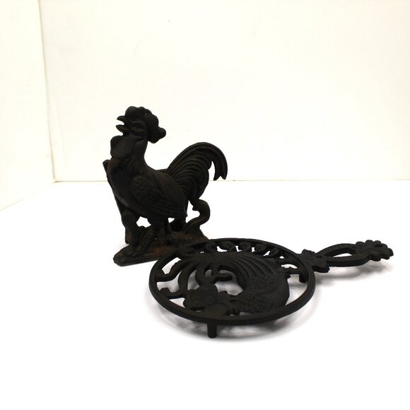 VINTAGE CAST IRON ROOSTER TRIVET R.H. BIRD & Rooster Cast Iron Napkin Holder - Picture 2 of 10